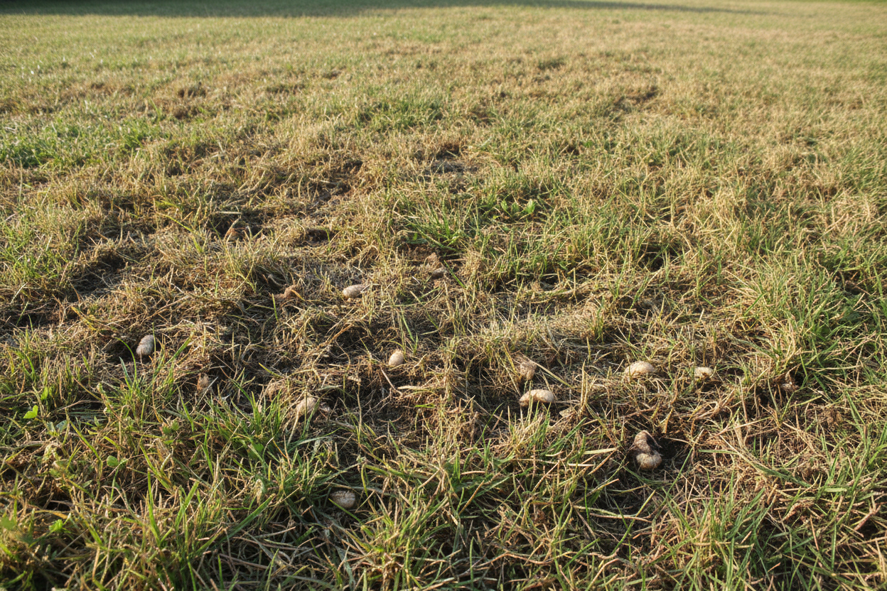 Close-up of damaged lawn with brown patches showing the problem your readers are trying to solve.