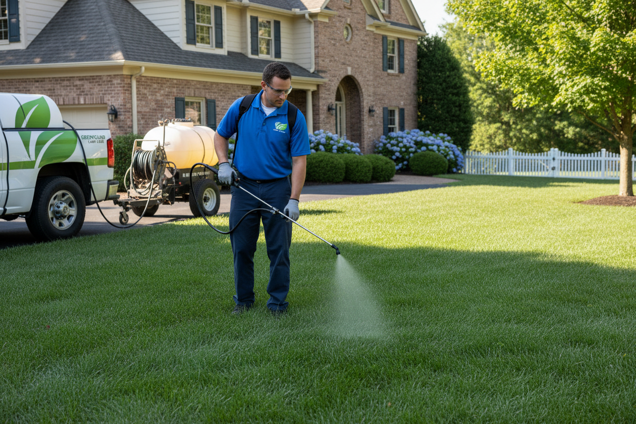 Lawn insecticide application on residential grass using spray equipment for pest control treatment