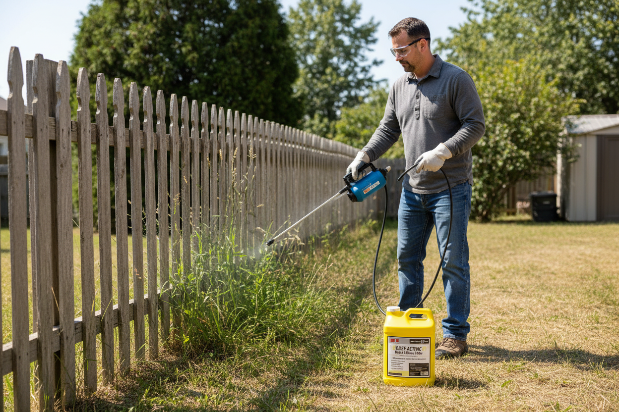 Person applying RM18 weed killer with pump sprayer along fence line wearing protective gloves