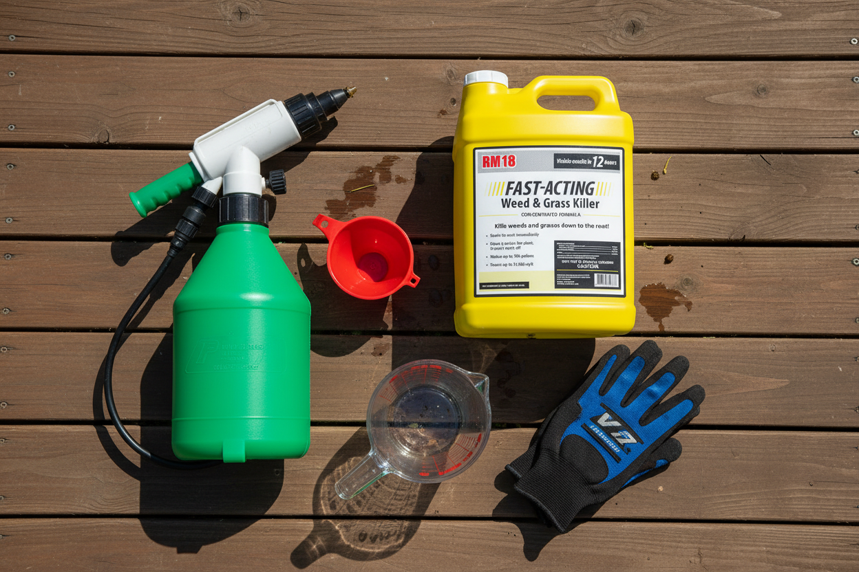 RM18 herbicide mixing supplies including pump sprayer measuring cup and safety gloves
