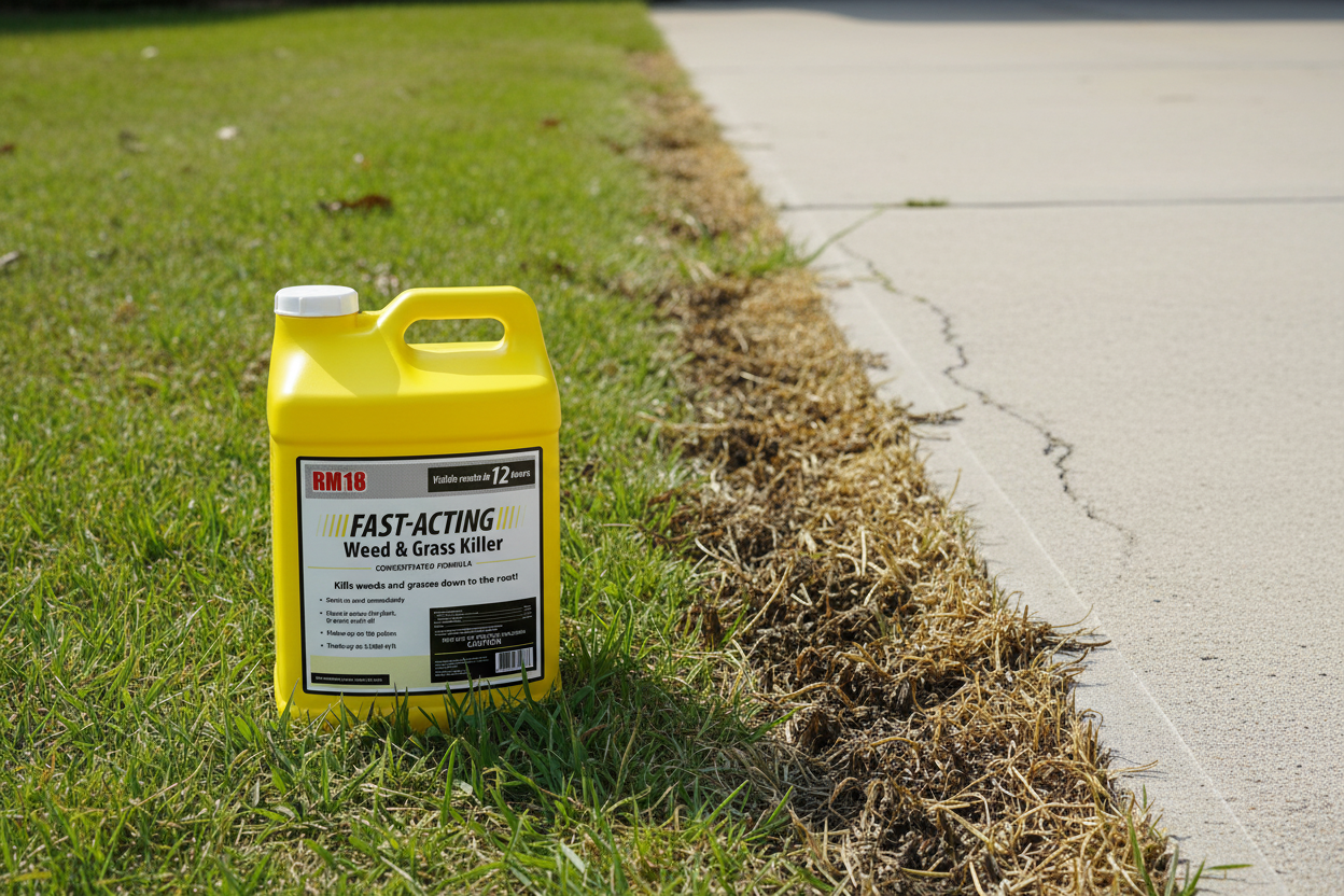 RM18 weed killer bottle next to treated driveway showing dead weeds and grass