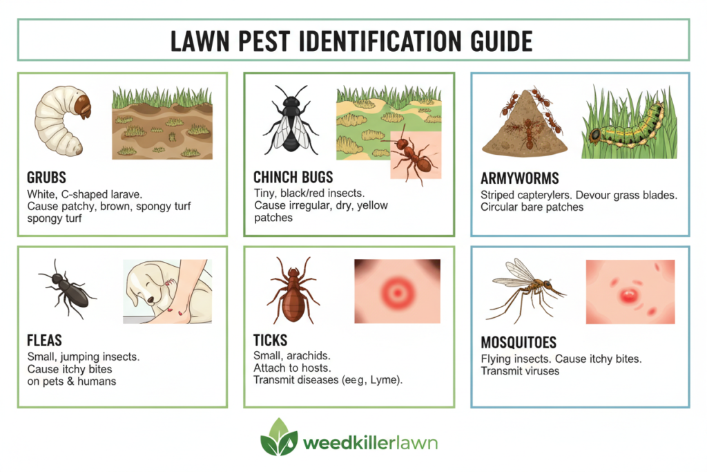 Educational infographic showing grubs, chinch bugs, fire ants, army worms, fleas, ticks, and mosquitoes with damage signs - ideal for your "Common Lawn Pests"